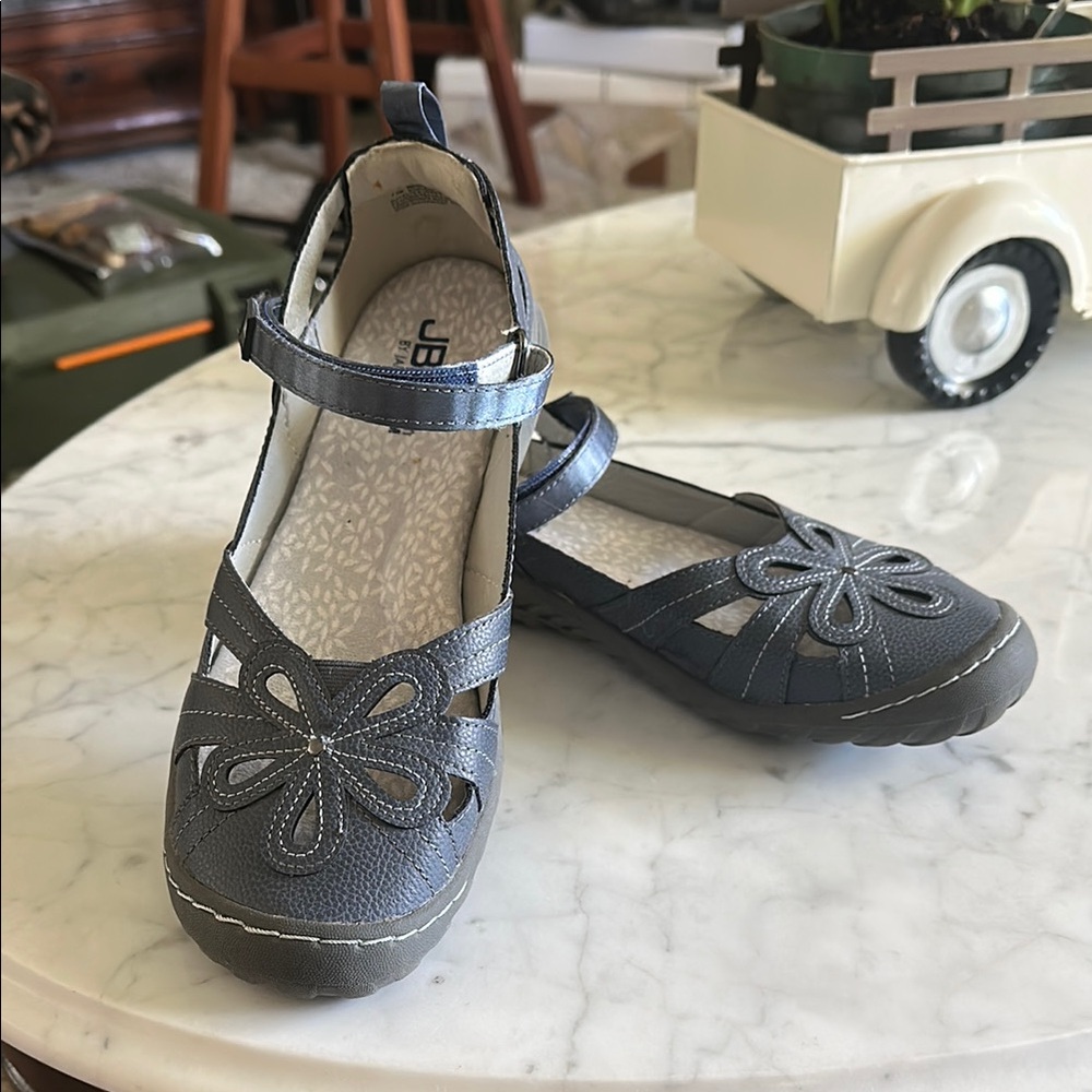 JBU Memory foam by JAMBU. Blue Floral Cutout Loafers with Adjustable Strap